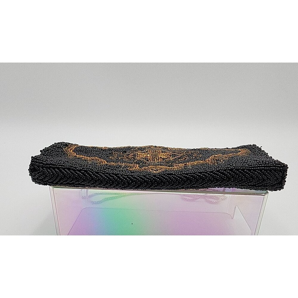 VTG Black & Gold Hand-Beaded Evening Bag Ornate Design & Chain Strap By Walborg - Picture 15 of 16